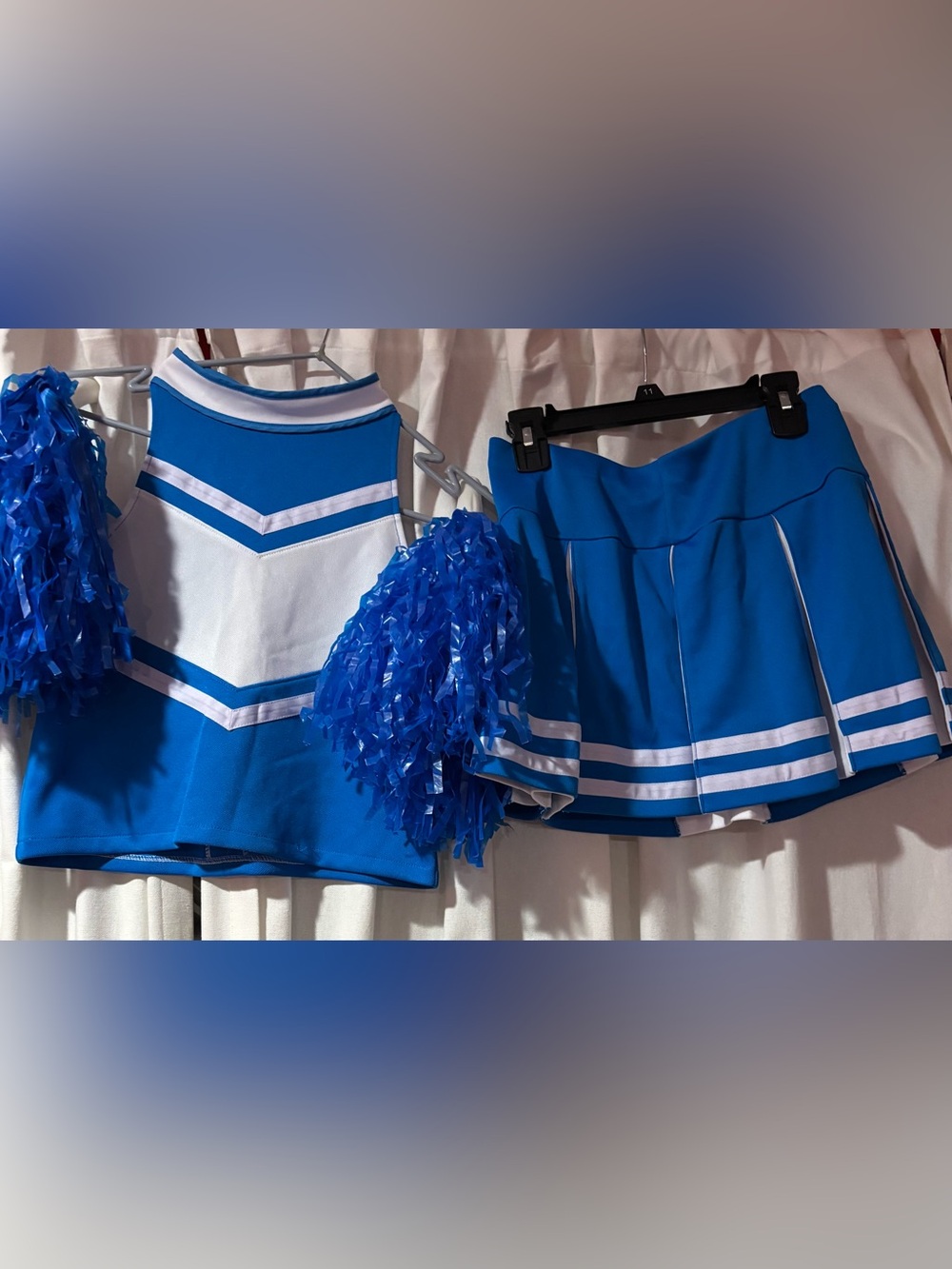 Blue & white cheer costume with pompoms. Kids L/XL (Olivia Rodrigo inspired)